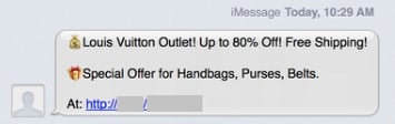 SMS spam message promoting Luis Vuitton Handbag for 80% off